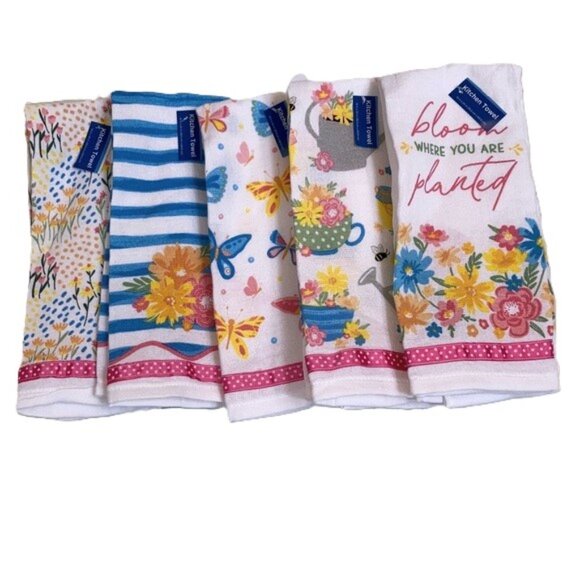 FLOWERS IN BLOOM Kitchen Towel GARDEN FLOWERS Ribbon Accent NWT 14 x 24 inches - Picture 4 of 9